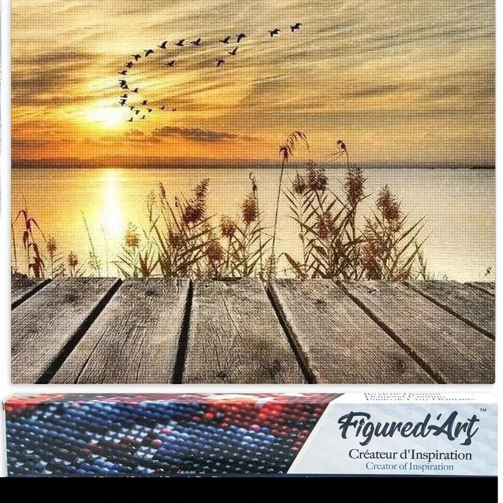 Figured'Art Diamond Painting Kit Sunset Lake Birds DIY Art‎ 16x20 NEW